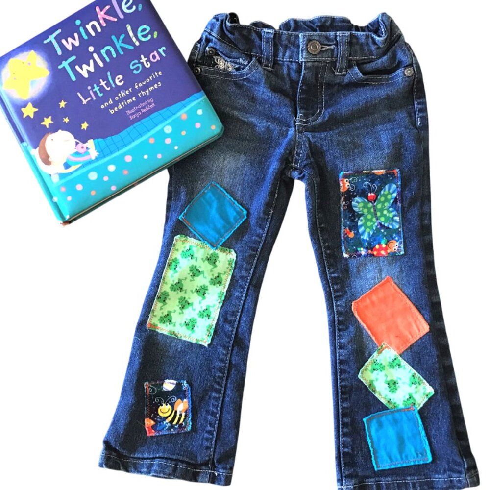 Upcycled Patchwork Jeans, Handmade Butterflies Bee Frog Patches Child's Size 3T